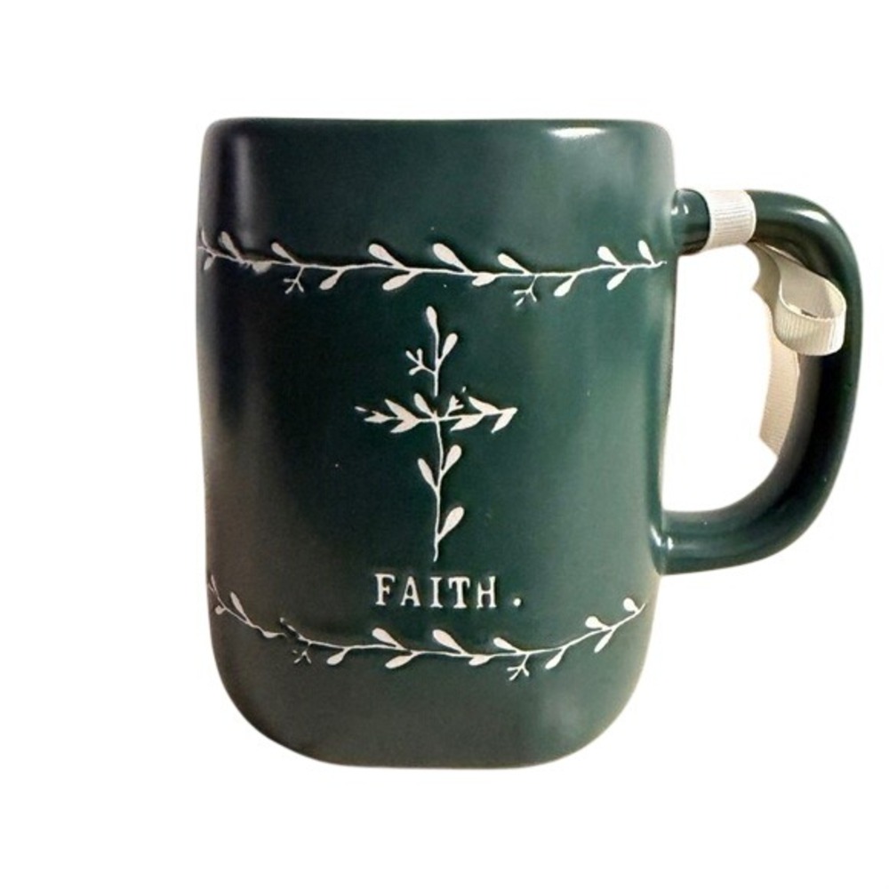 Rae Dunn Artisan Collection Faith Cross Mug Green White Ribbon Dishwasher Safe